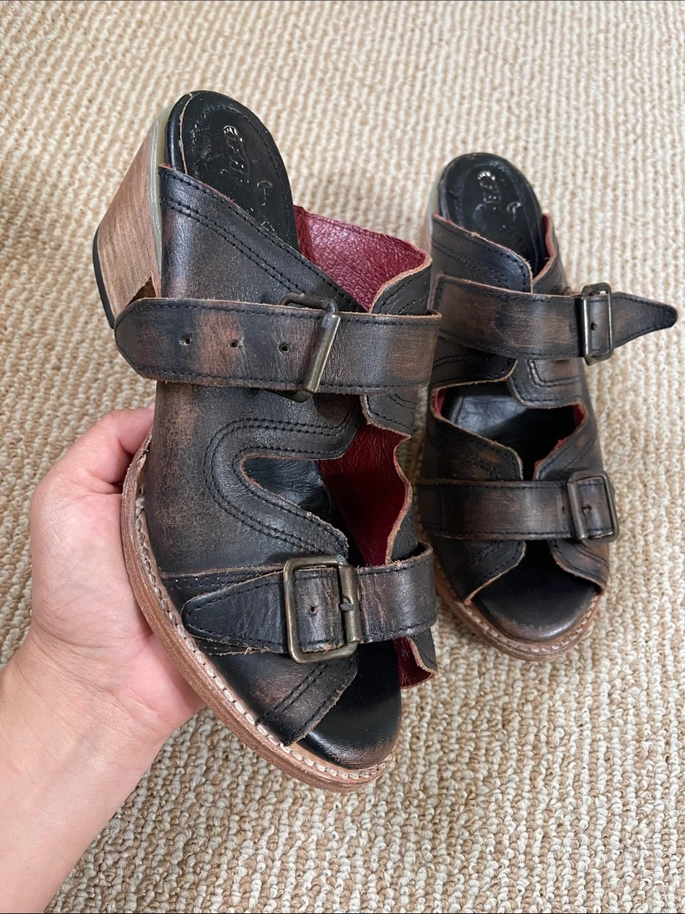 freebird  caprise Distressed Black Leather Buckle Heel Sandals
